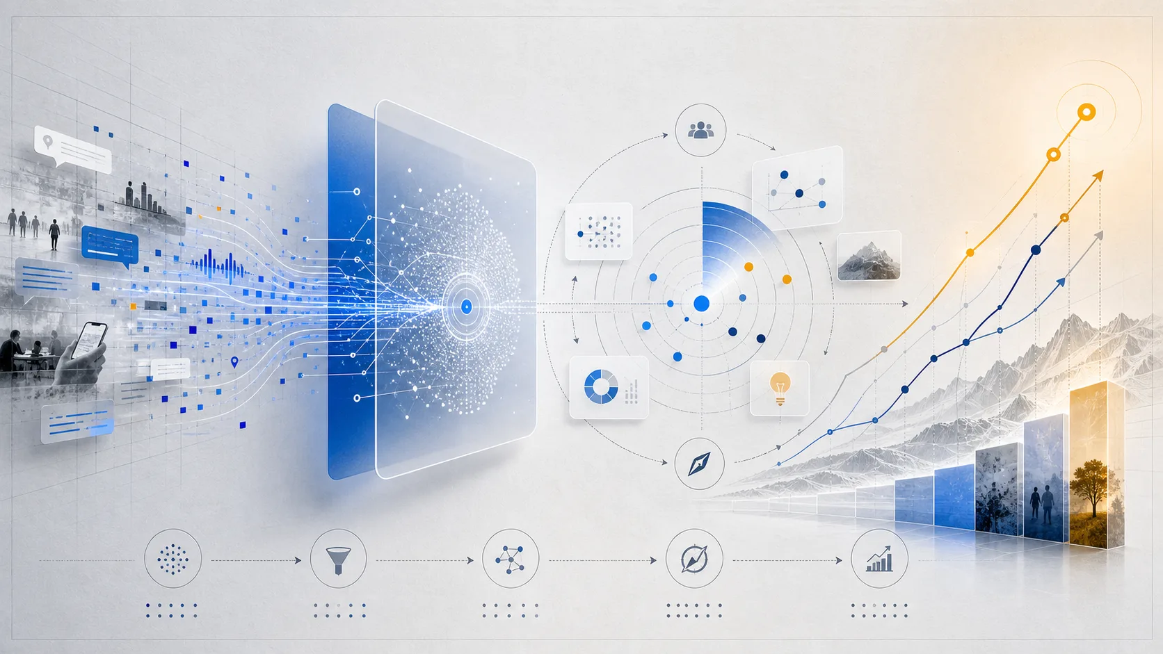 Abstract growth discovery system with market signals, experiments, opportunity radar, and revenue paths
