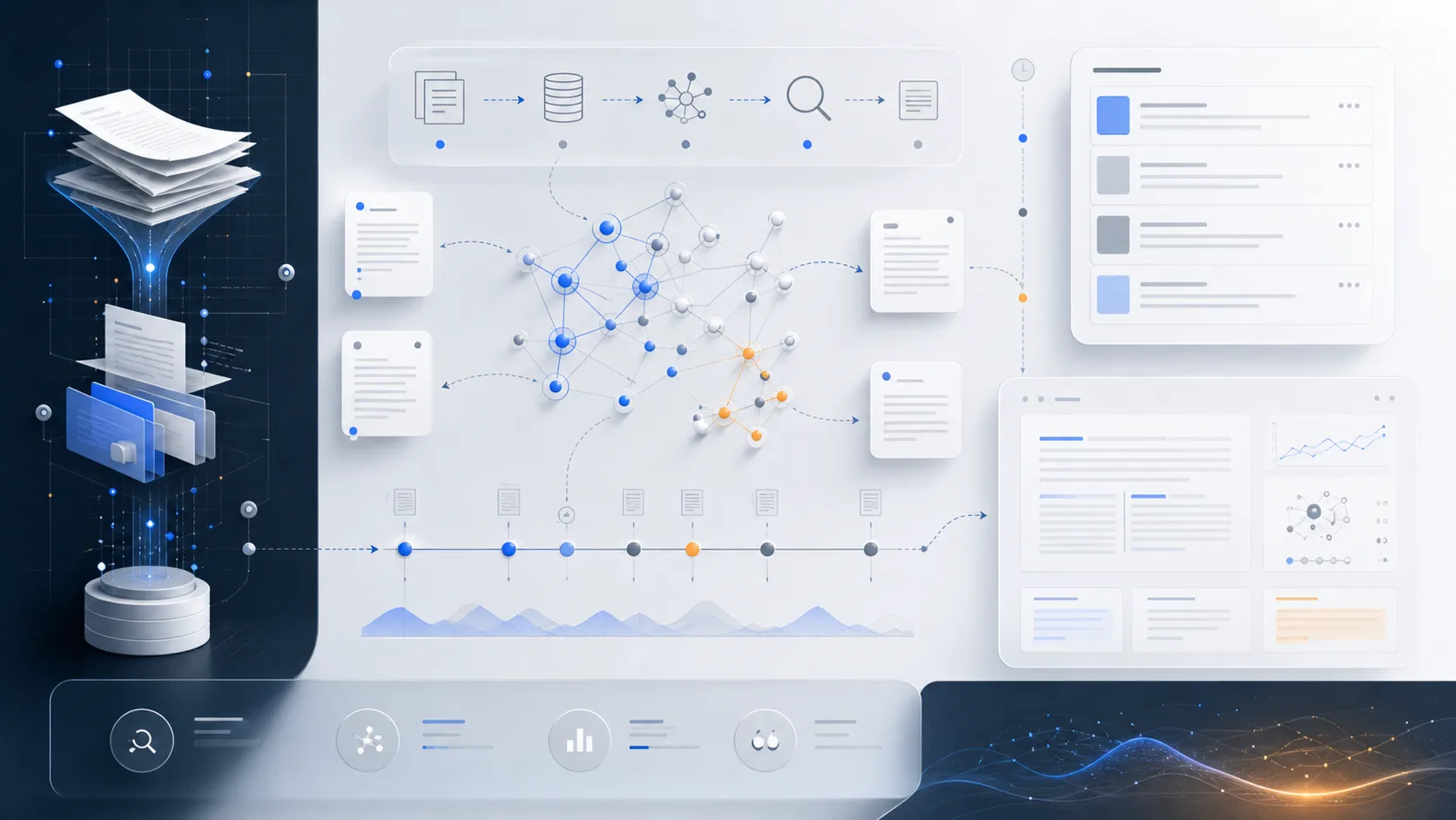 Abstract research toolkit with papers, datasets, citation trails, semantic clusters, and insight extraction
