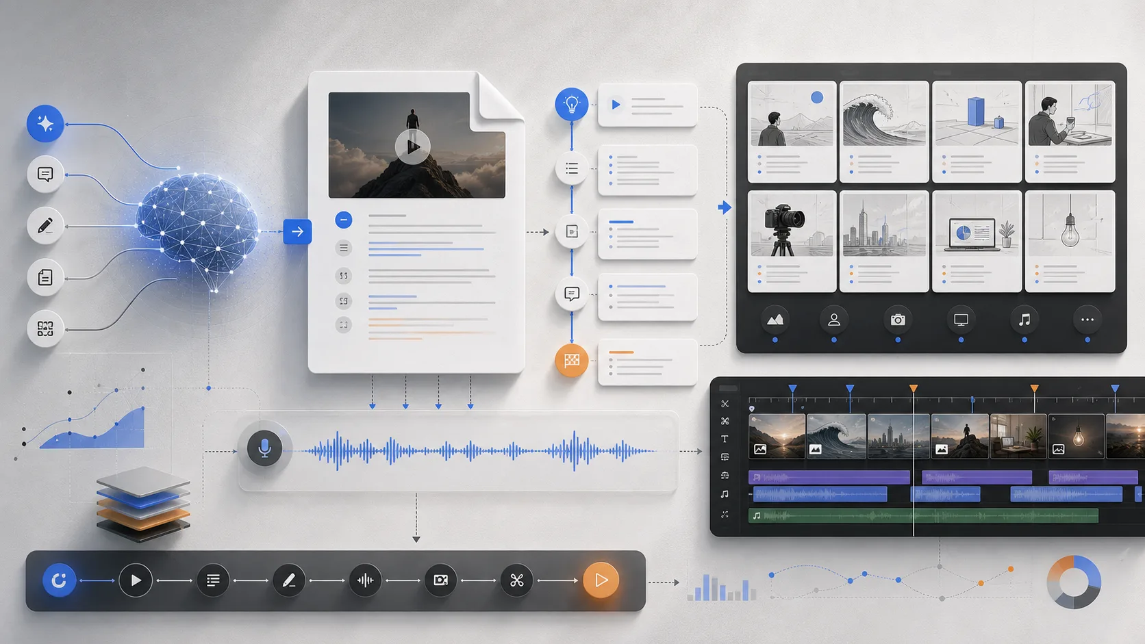 Abstract video scripting timeline with storyboard frames, beats, and audio waveform