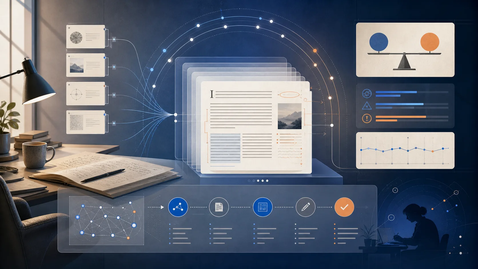Abstract long-form writing studio with manuscript layers, context arcs, and editorial panels