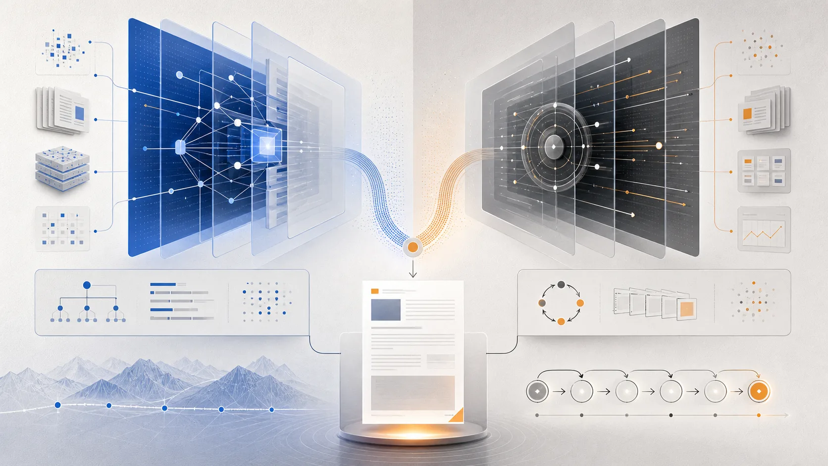 Abstract side-by-side AI writing engines connected to the same editorial output path