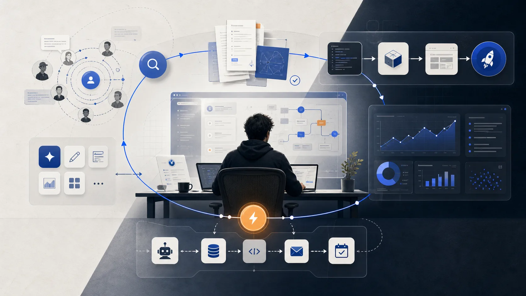 Abstract solo founder product cockpit with customer discovery, shipping, analytics, and growth loops
